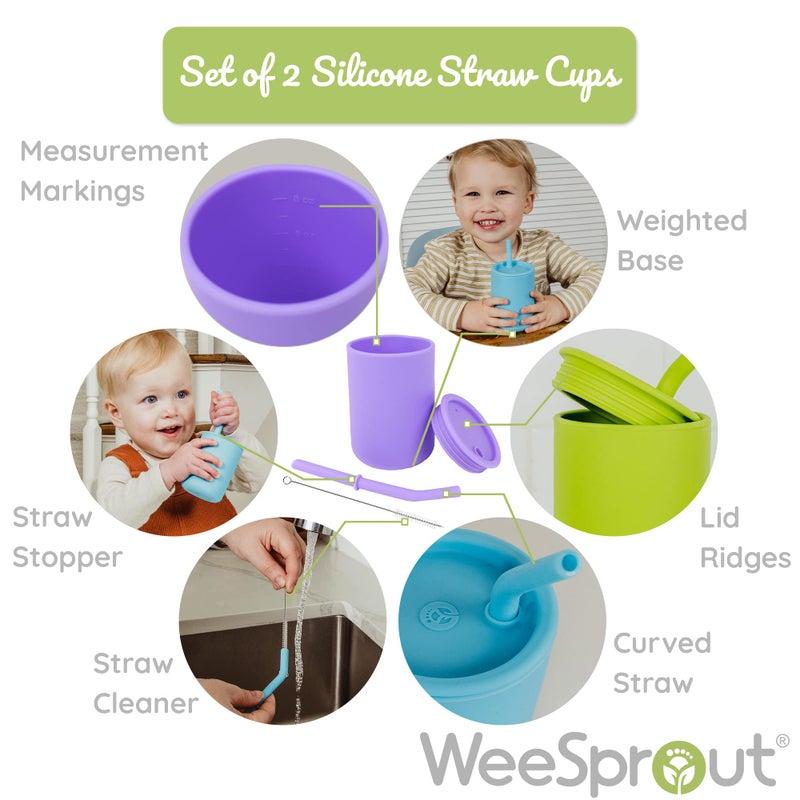 WeeSprout Silicone Baby Cups With Straws and Lids, 4 & 8 oz Options, Set of 2, Food Grade Toddler Training Container, Built In Straw Stoppers, Measurement Markings, Dishwasher Safe + Straw Cleaner - Image 3